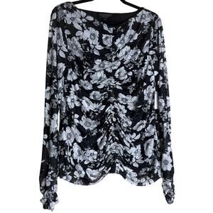Laundry by Shelli Segal Ruched Mesh Top Blouse Women XL Black Marshmallow Flora